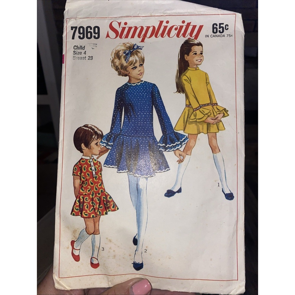 Vintage 1960s Simplicity 7969 Pattern, Girls Dress, Size 4, Breast 23 Complete